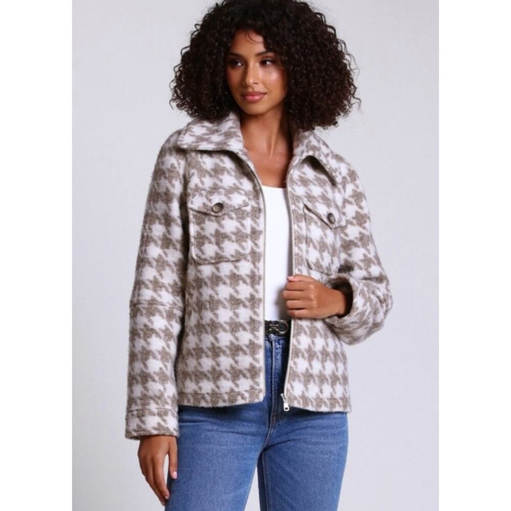 Anthropologie Avec Les Filles Houndstooth Printed Sherpa Shacket Zip Jacket Sz L